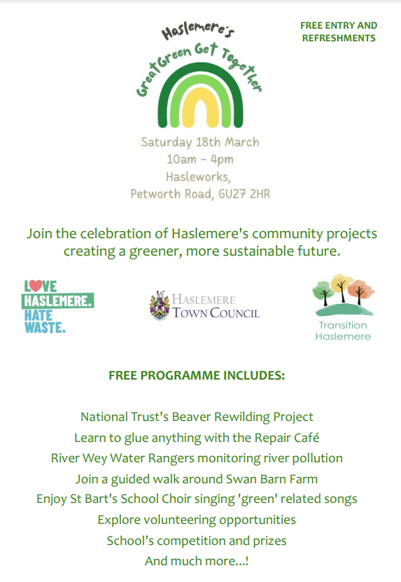 Haslemere’s Great Green Get Together Event  – 18th March 2023 – Hasleworks